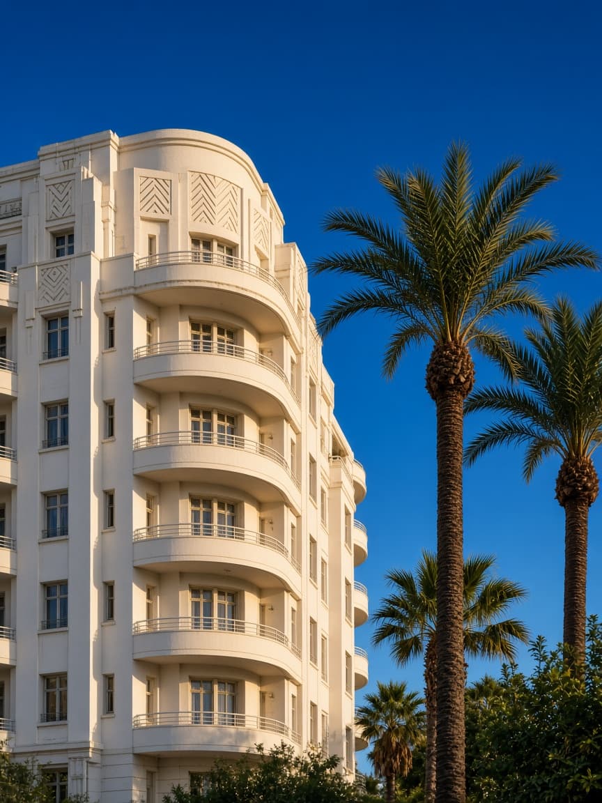 Immeuble art déco blanc à balcons arrondis, bordé de palmiers, sous un ciel bleu