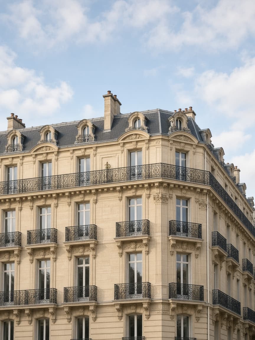 Façade d’immeuble haussmannien en pierre de taille avec balcons en fer forgé