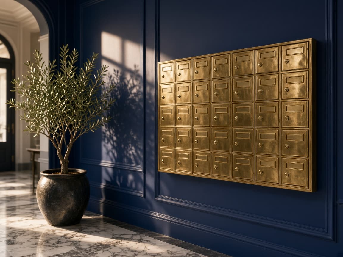 Hall d’immeuble aux murs bleu nuit, avec un mur de boîtes aux lettres en laiton et un olivier en pot